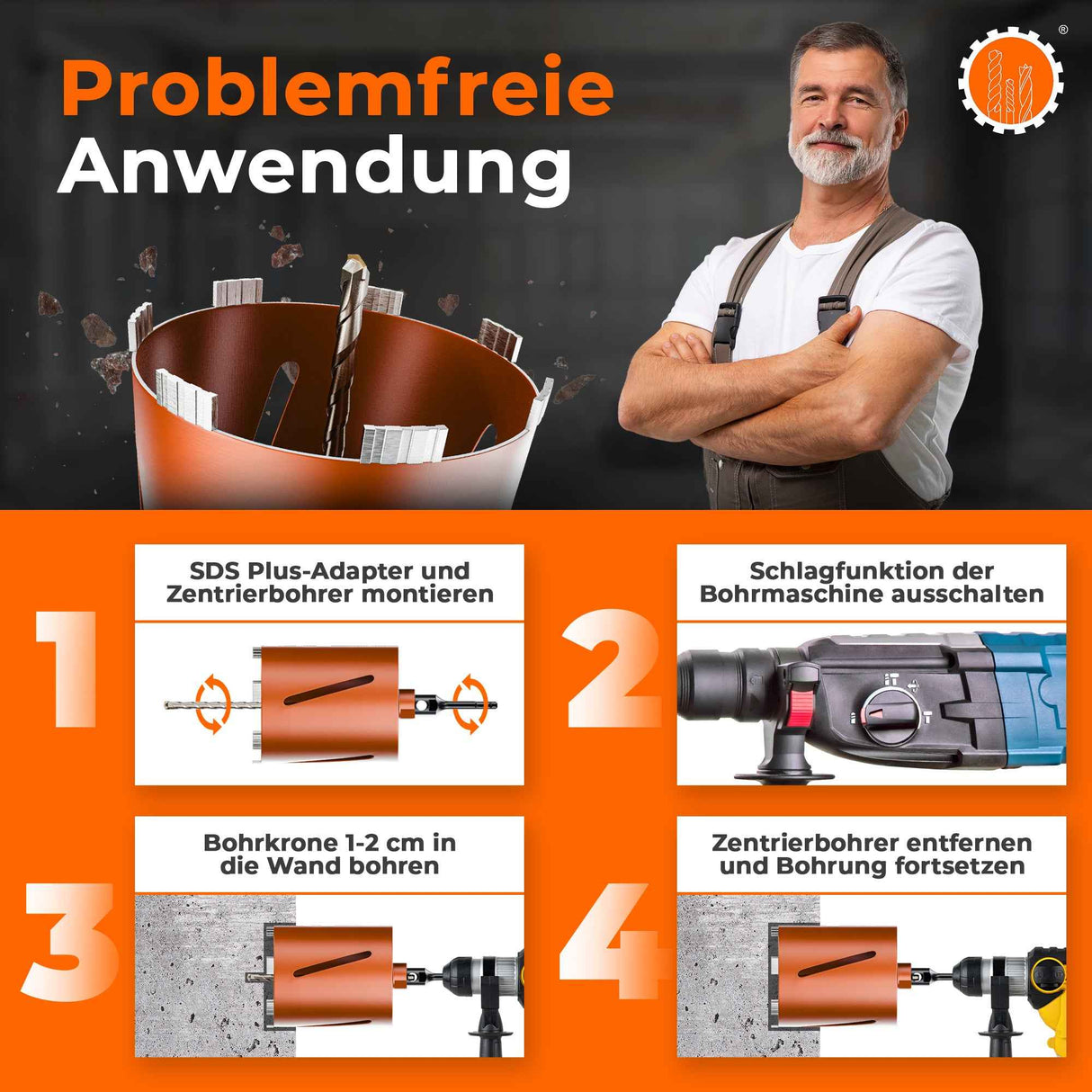 SDS-Plus oder SDS-Max Diamantbohrkrone Ø 26-162 mm / 200 mm Länge Kernbohrkrone