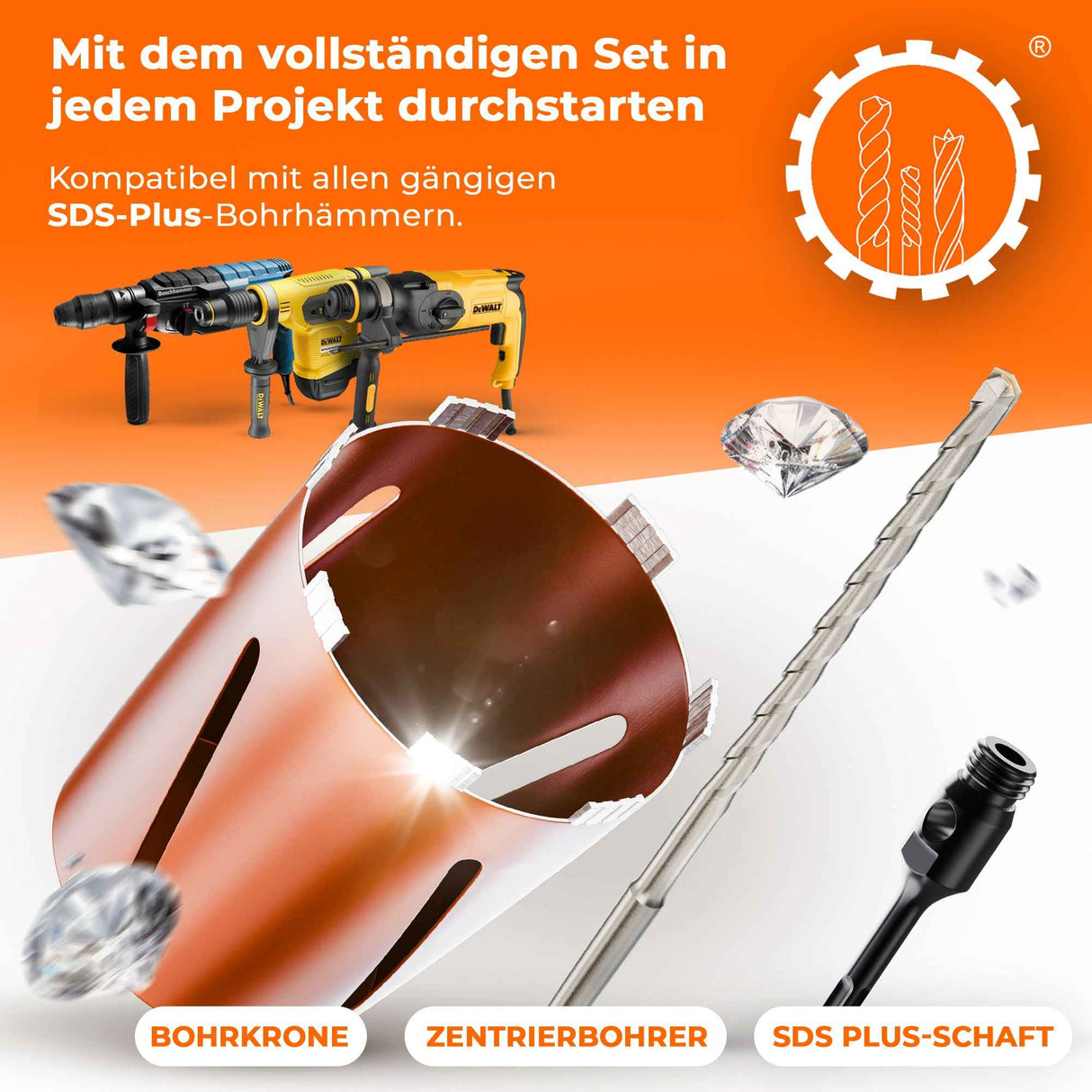 SDS-Plus oder SDS-Max Diamantbohrkrone Ø 26-162 mm / 200 mm Länge Kernbohrkrone