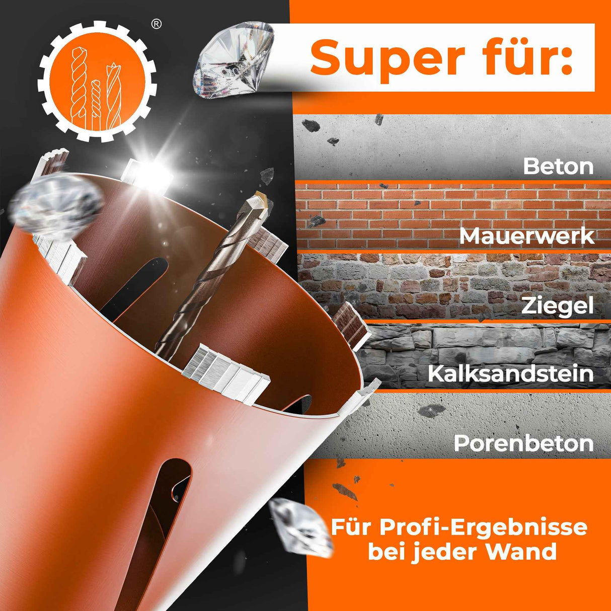 SDS-Plus oder SDS-Max Diamantbohrkrone Ø 26-162 mm / 200 mm Länge Kernbohrkrone