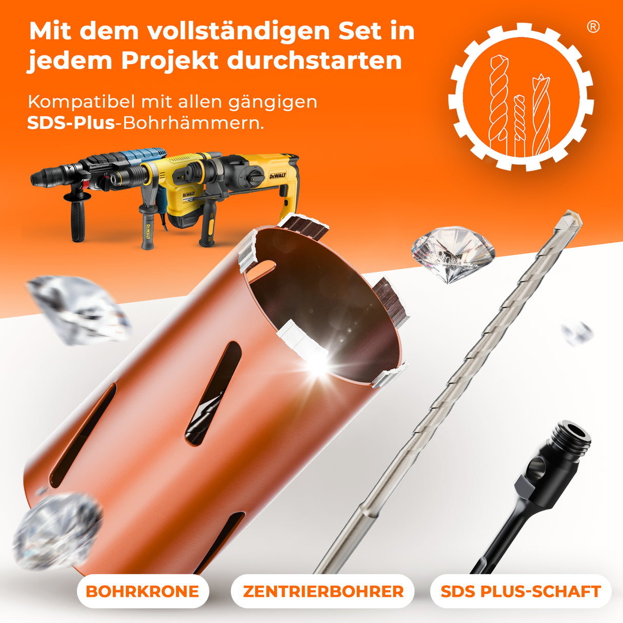 Diamantbohrkrone Durchmesser 26 - 162 mm mit SDS-Plus oder SDS-Max Aufnahmeschaft