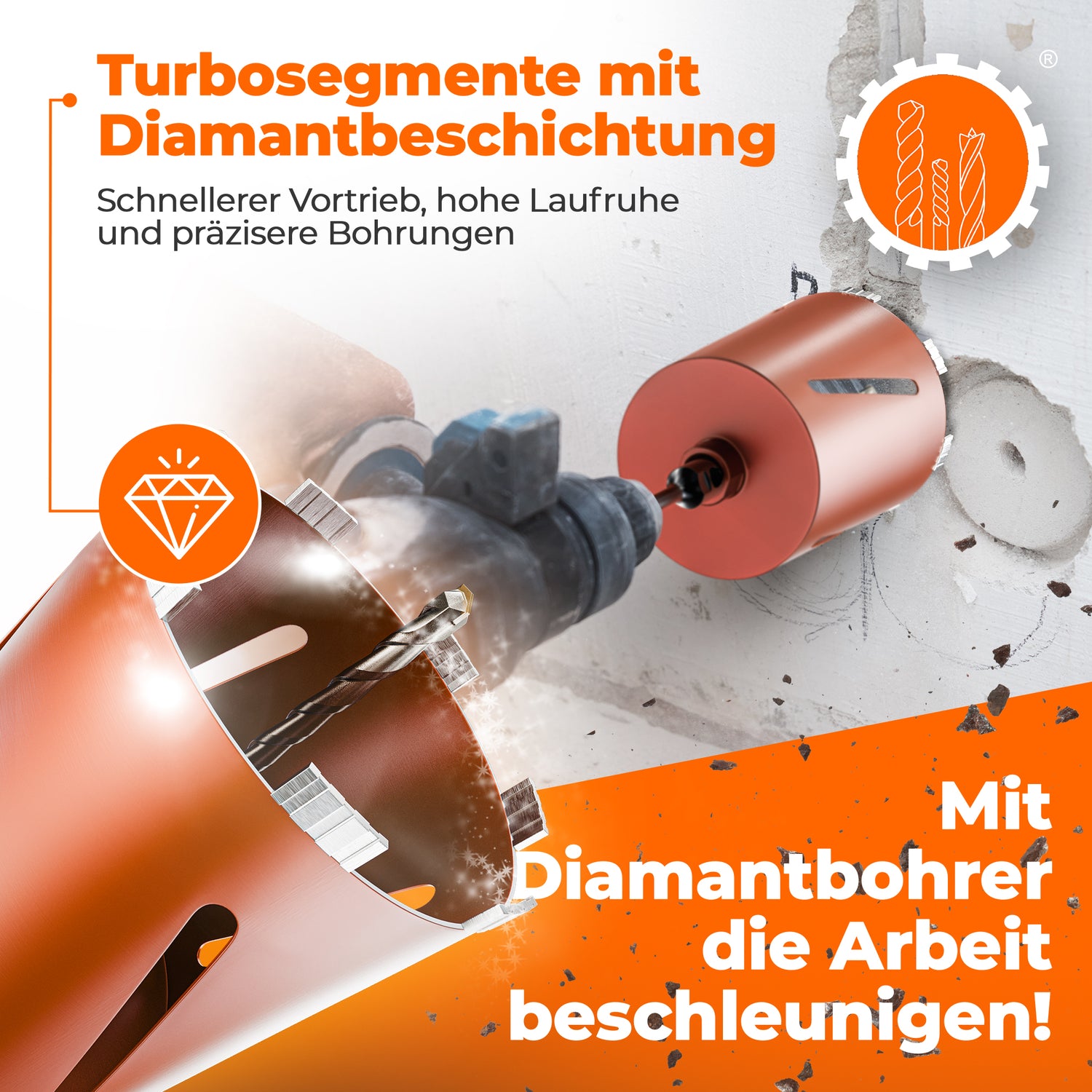 Diamantbohrkrone Durchmesser 26 - 162 mm mit SDS-Plus oder SDS-Max Aufnahmeschaft