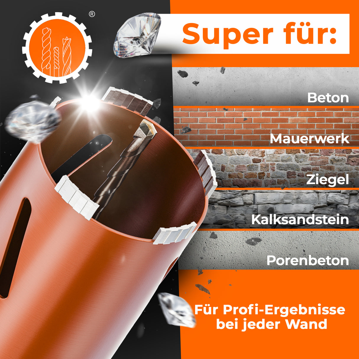Diamantbohrkrone Durchmesser 26 - 162 mm mit SDS-Plus oder SDS-Max Aufnahmeschaft