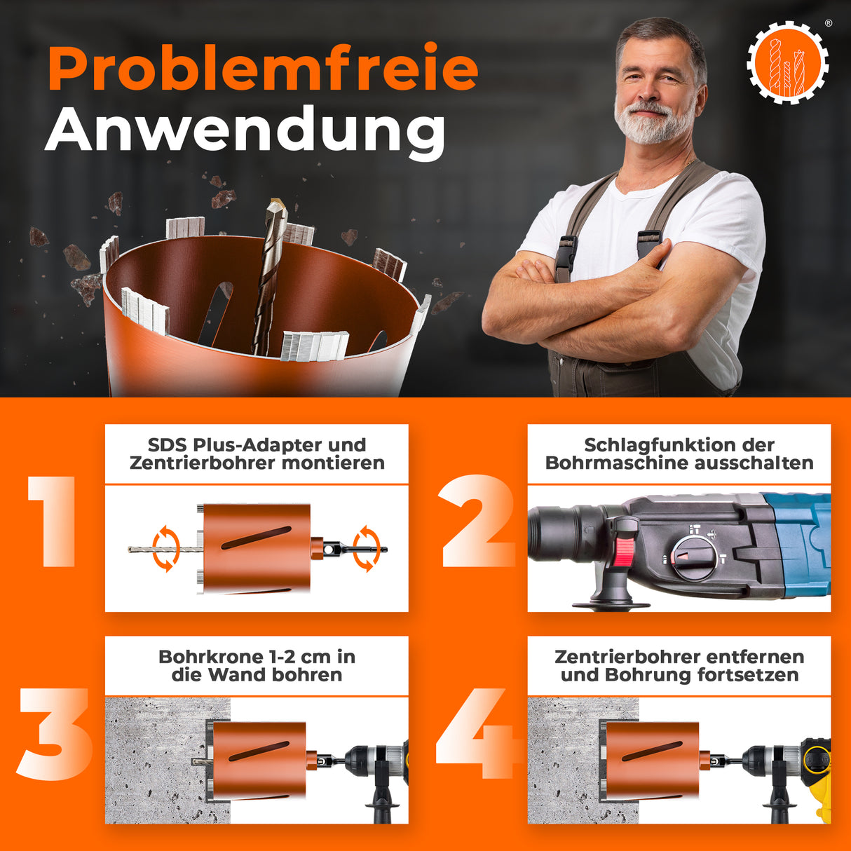 Diamantbohrkrone Durchmesser 26 - 162 mm mit SDS-Plus oder SDS-Max Aufnahmeschaft