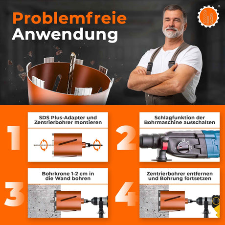 SDS-Plus oder SDS-Max Diamantbohrkrone Ø 26-162 mm / 200 mm Länge Kernbohrkrone