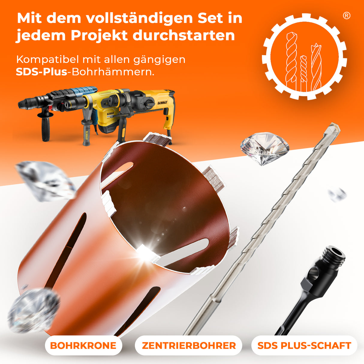 SDS-Plus oder SDS-Max Diamantbohrkrone Ø 26-162 mm / 200 mm Länge Kernbohrkrone