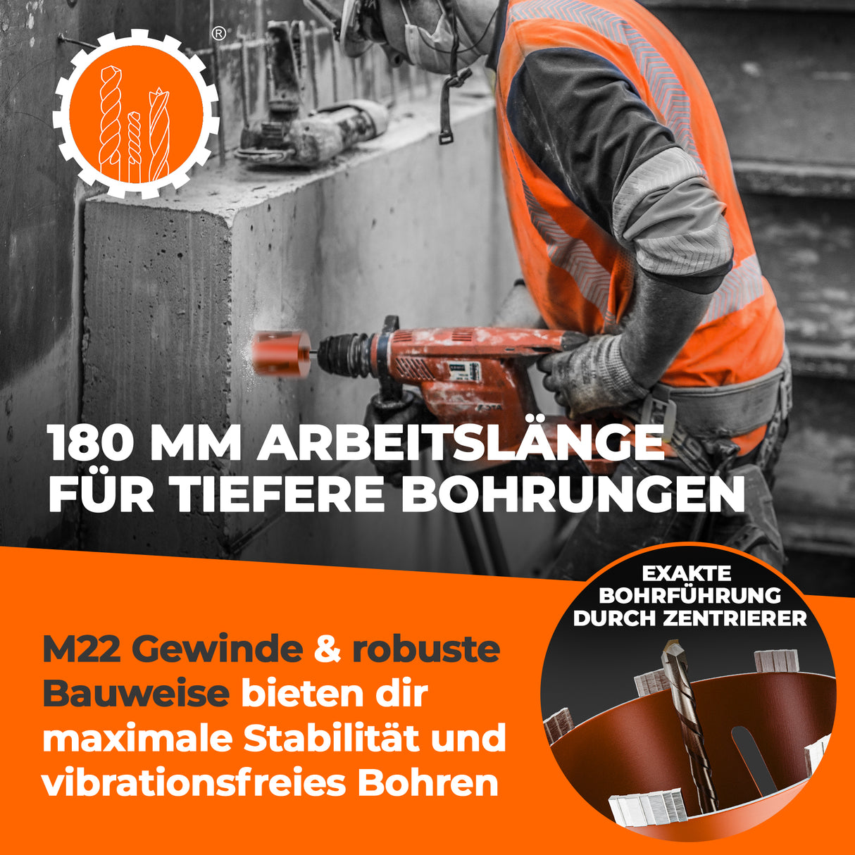 SDS-Plus oder SDS-Max Diamantbohrkrone Ø 26-162 mm / 200 mm Länge Kernbohrkrone
