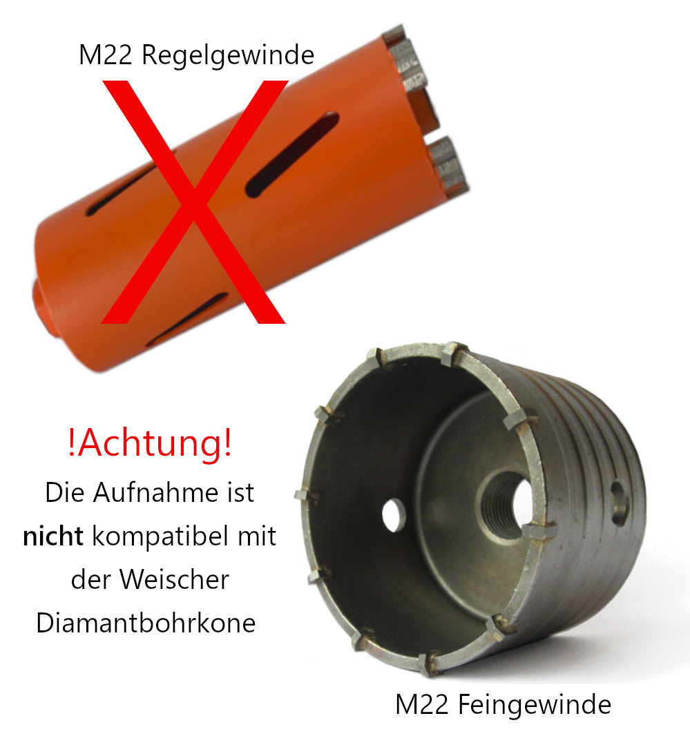 Bild zeigt orangefarbene Bohrkrone mit M22 Regelgewinde und graue Bohrkrone mit M22 Feingewinde zur Verdeutlichung der Kompatibilität