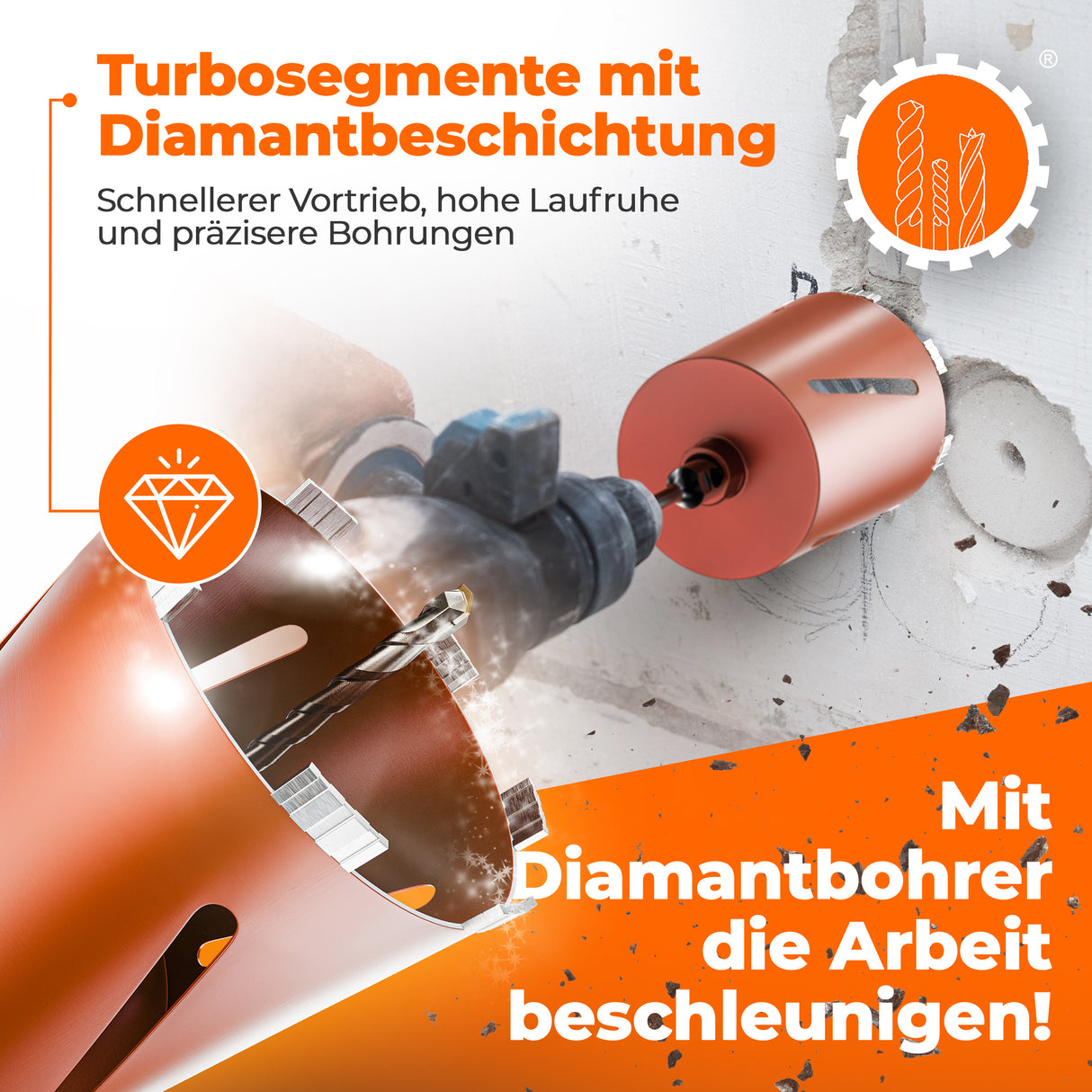 Diamantbohrkrone Durchmesser 26 - 162 mm mit SDS-Plus oder SDS-Max Aufnahmeschaft
